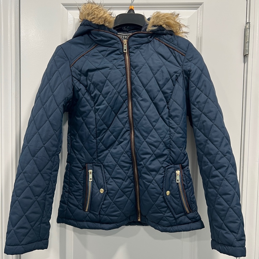 Navy Quilted Puffer Jacket with Faux Fur Hood